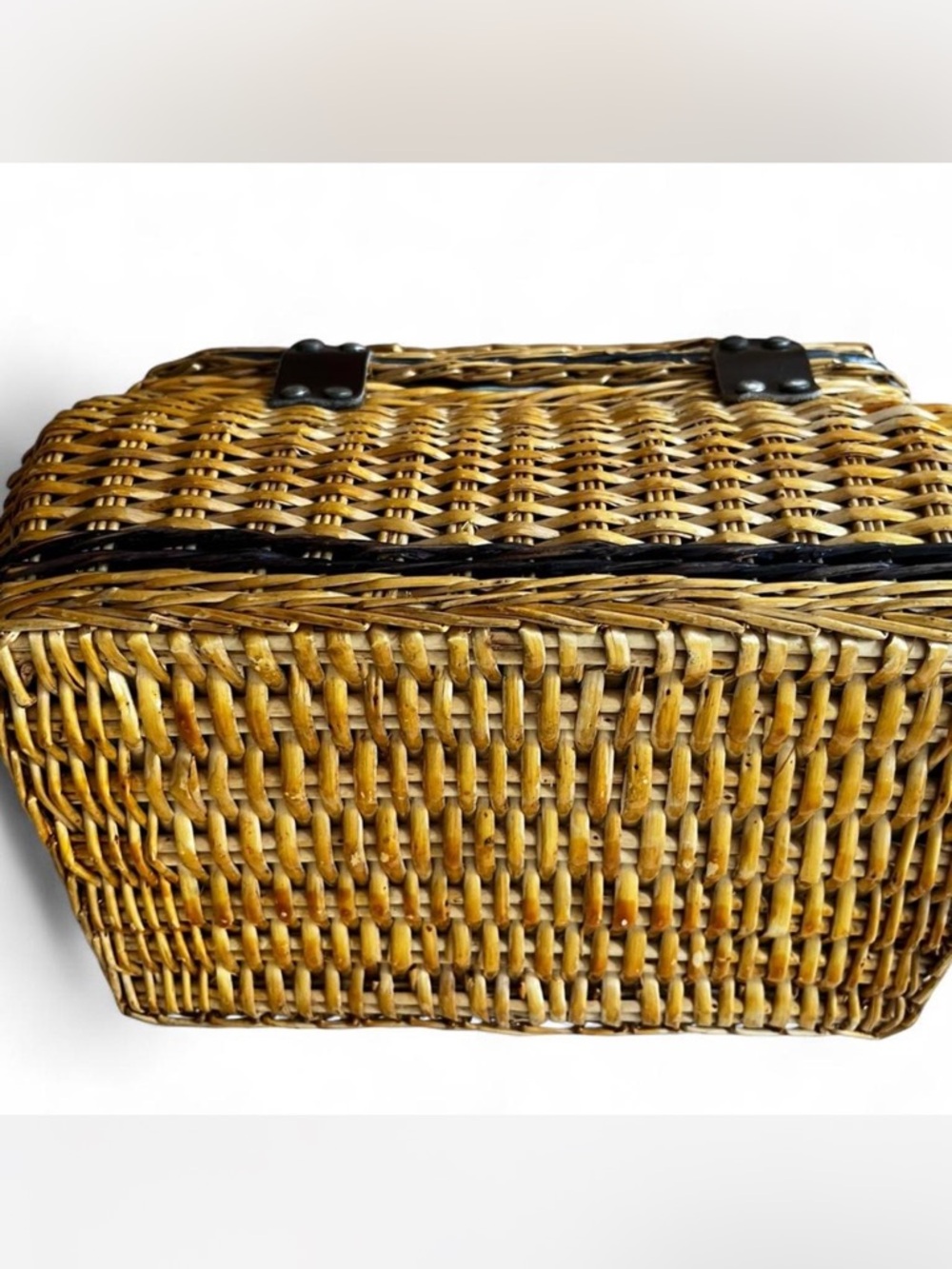 Vintage 50s Garden Cottagecore Basket Handbag Floral Cotton Liner Leather Strape - Picture 5 of 11